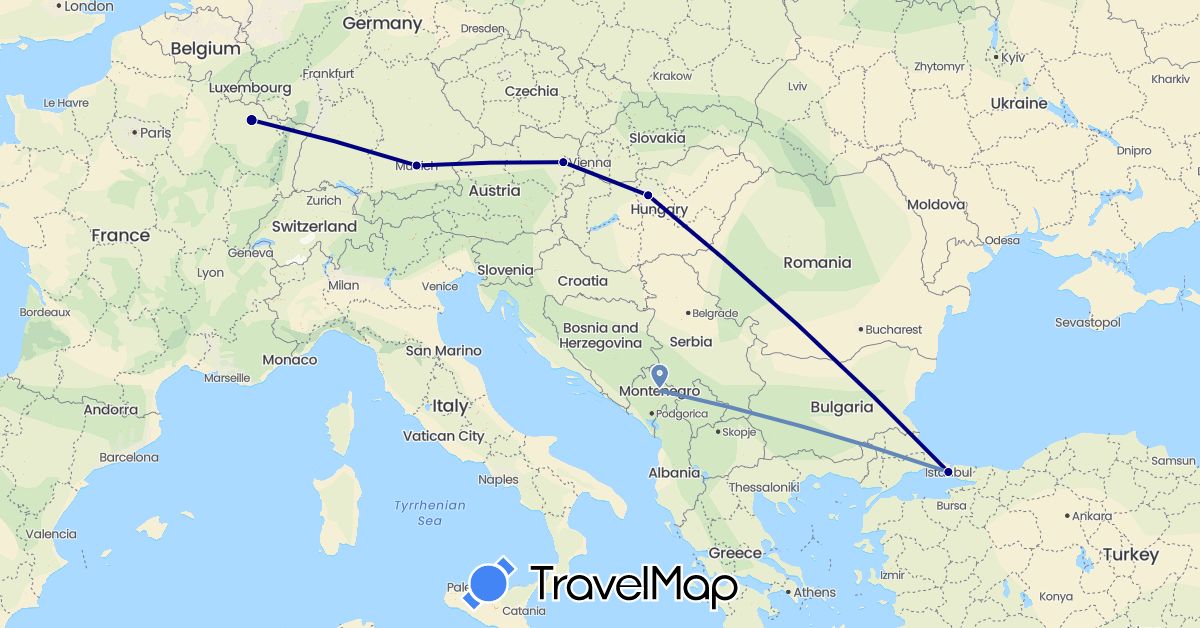 TravelMap itinerary: driving, cycling in Austria, Germany, France, Hungary, Montenegro, Turkey (Asia, Europe)